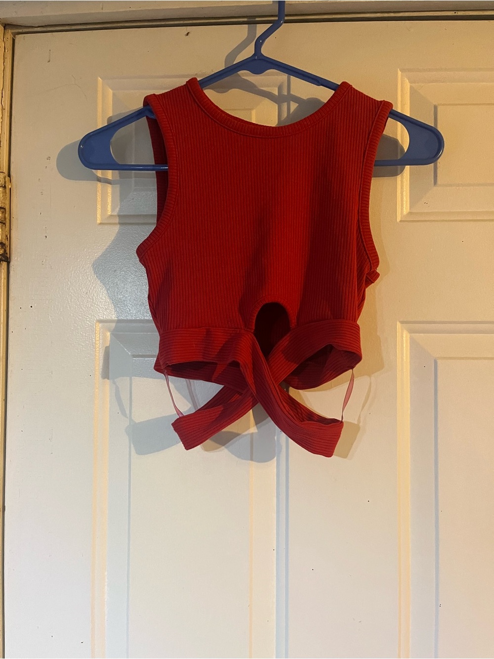 Red Ribbed Tie-Front Crop Tank Top
